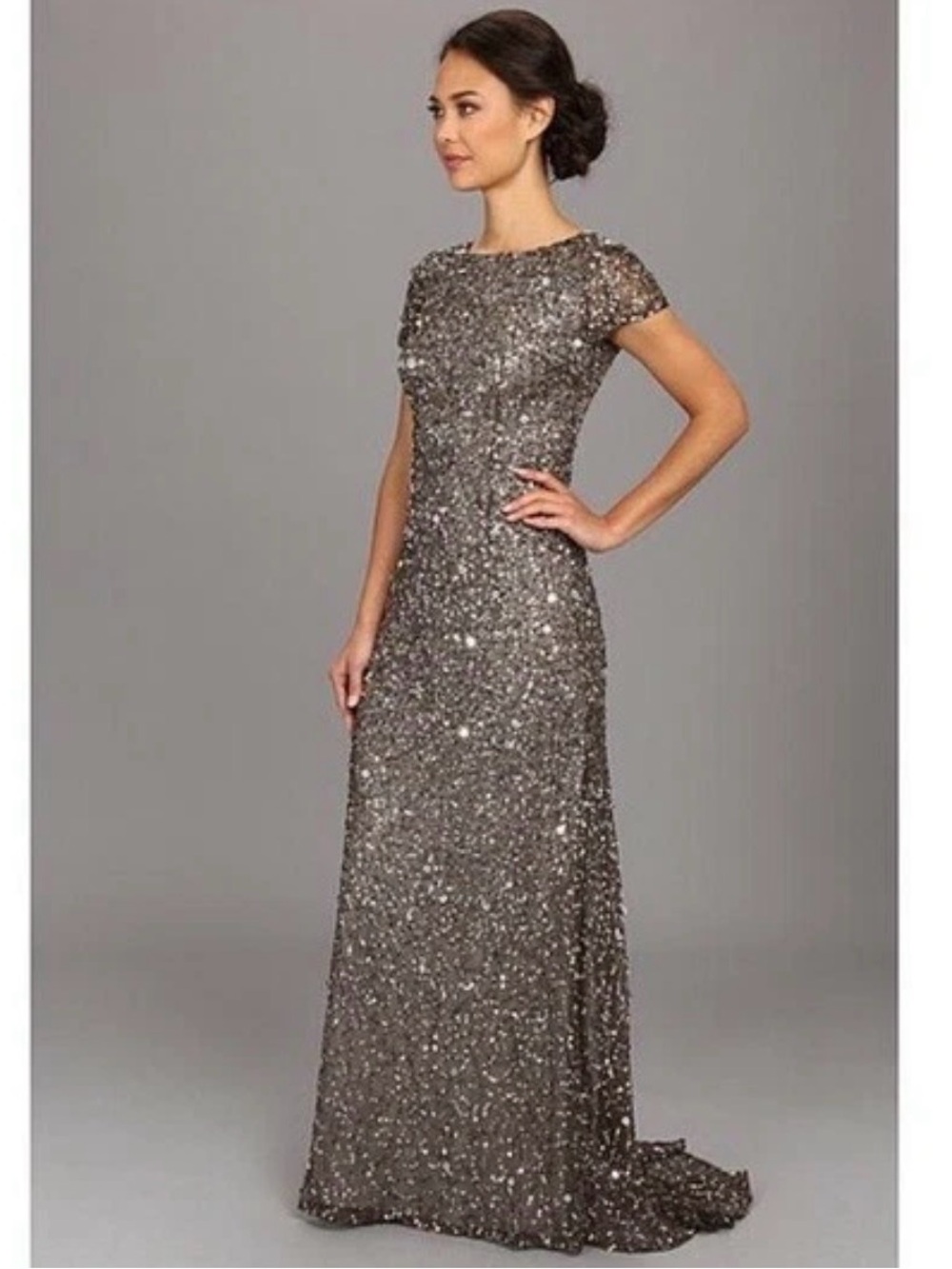 Adrianna Papell Elegant Sequin Evening Gown - Metallic Gray